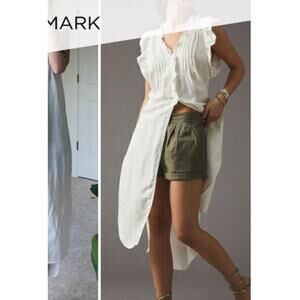By Anthropologie Long Ruffle Tunic Button Down Linen Size M Peasant Grandma